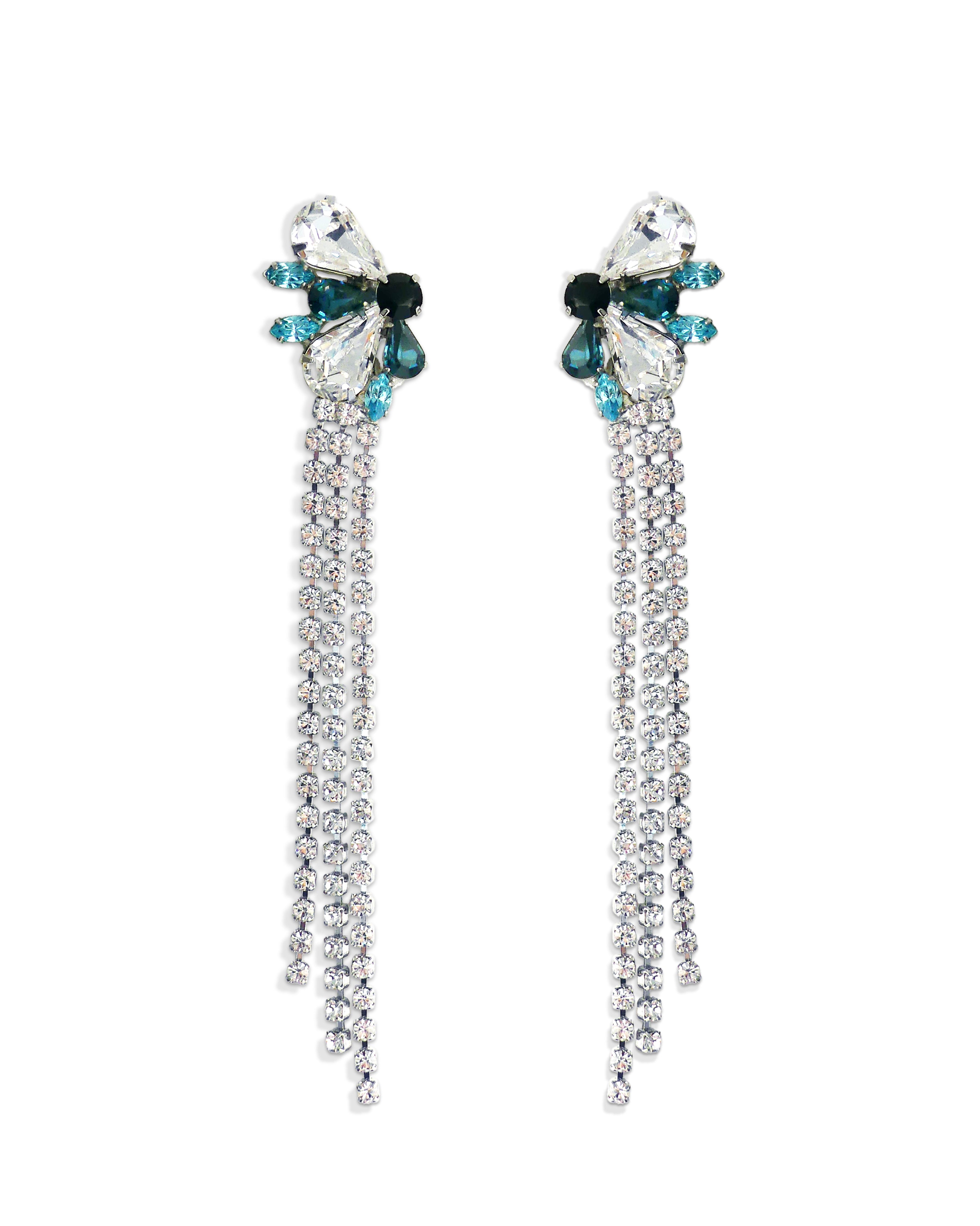 Helene Blue Crystal Fringe Clip Earrings in Rhodium Joomi Lim Helene Blue Crystal Fringe Clip Earrings in Rhodium Joomi Lim
