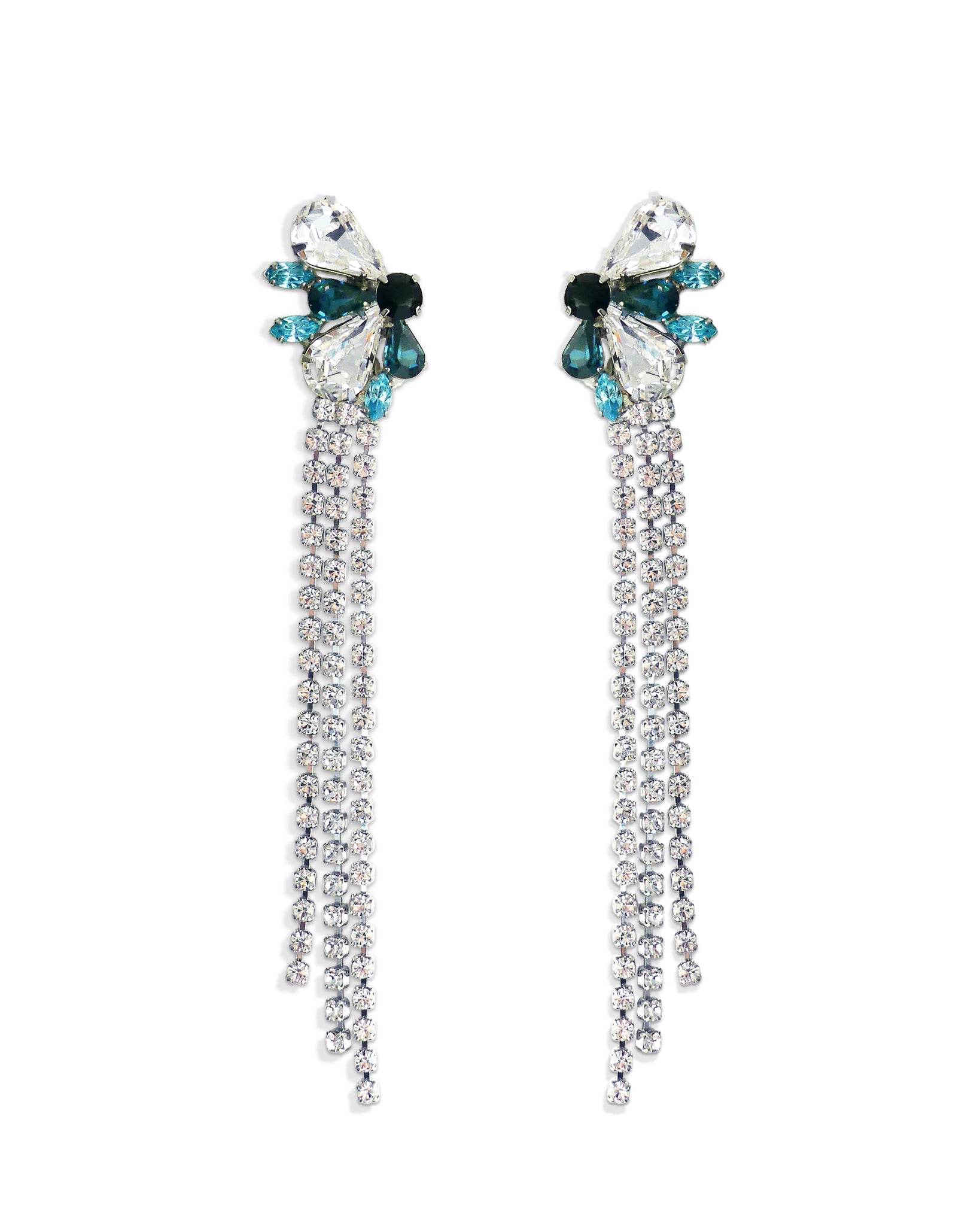 Helene Blue Crystal Fringe Clip Earrings in Rhodium